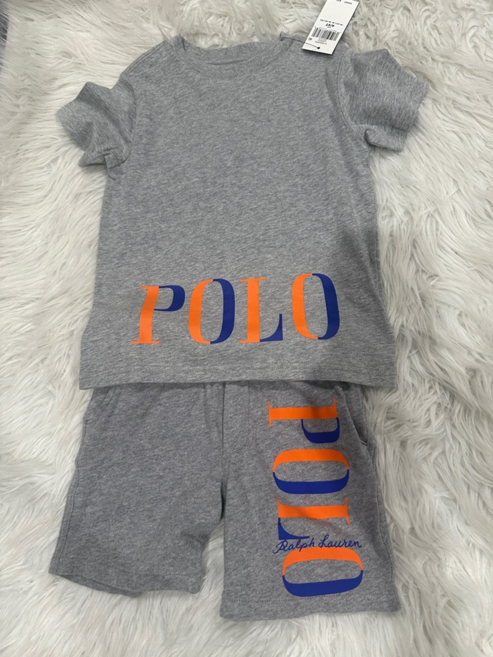 Ralph Lauren Gray Short Sleeve POLO Pajama Set with Orange & Blue Logo